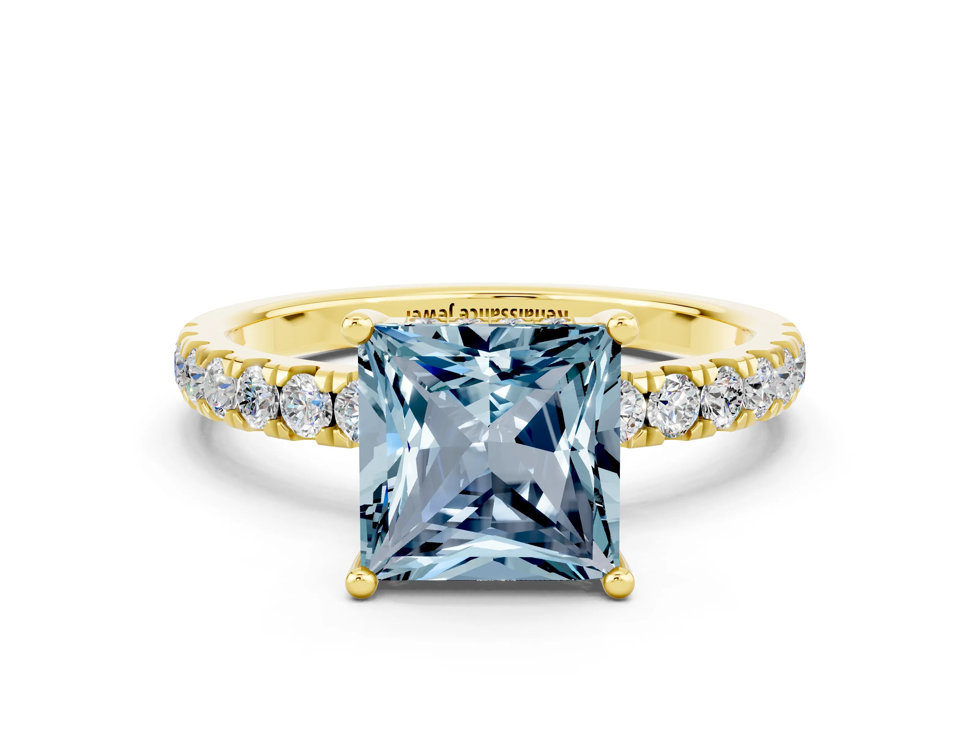 Yellow gold Princess Cut Aquamarine Pave Band Solitaire Ring with Four-Prong Setting_24