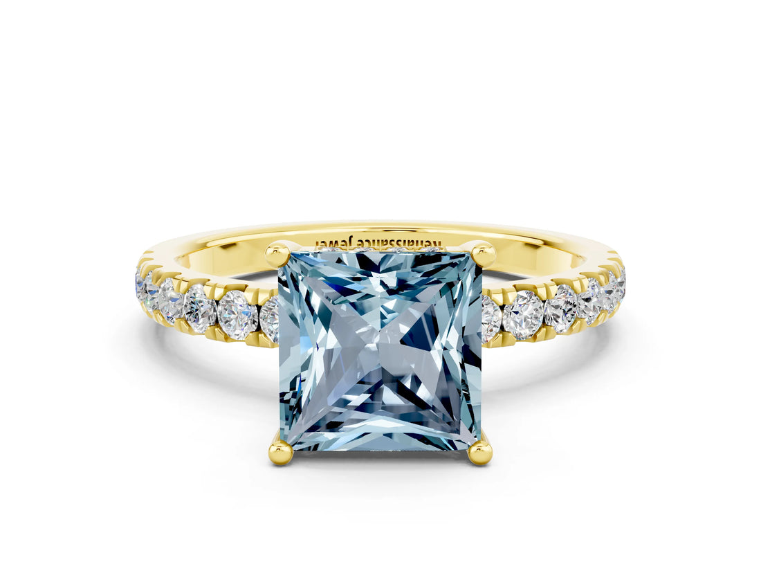 Yellow gold Princess Cut Aquamarine Pave Band Solitaire Ring with Four-Prong Setting_24