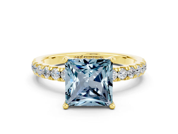 Yellow gold Princess Cut Aquamarine Pave Band Solitaire Ring with Round  and Prong Setting
