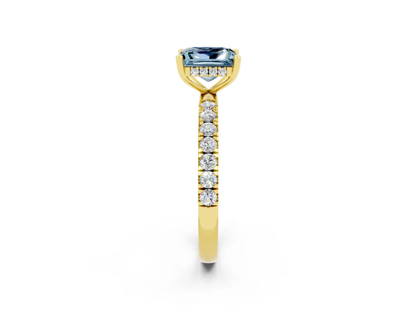 Yellow gold Princess Cut Aquamarine Pave Band Solitaire Ring with Round  and Prong Setting