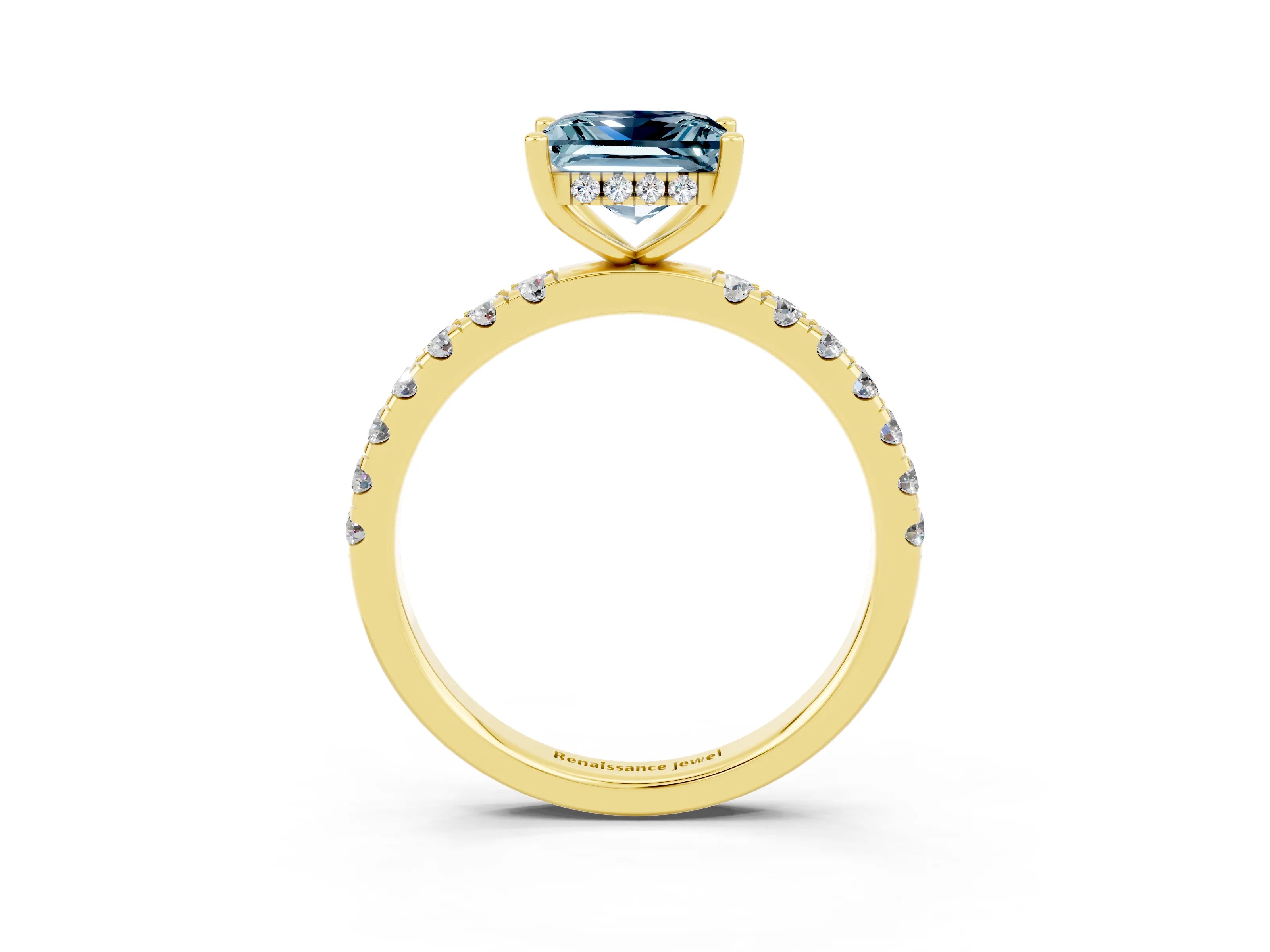 Yellow gold Princess Cut Aquamarine Pave Band Solitaire Ring with Four-Prong Setting_27
