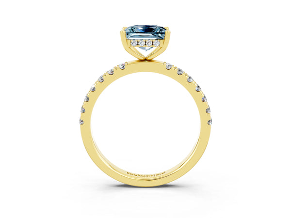 Yellow gold Princess Cut Aquamarine Pave Band Solitaire Ring with Round  and Prong Setting