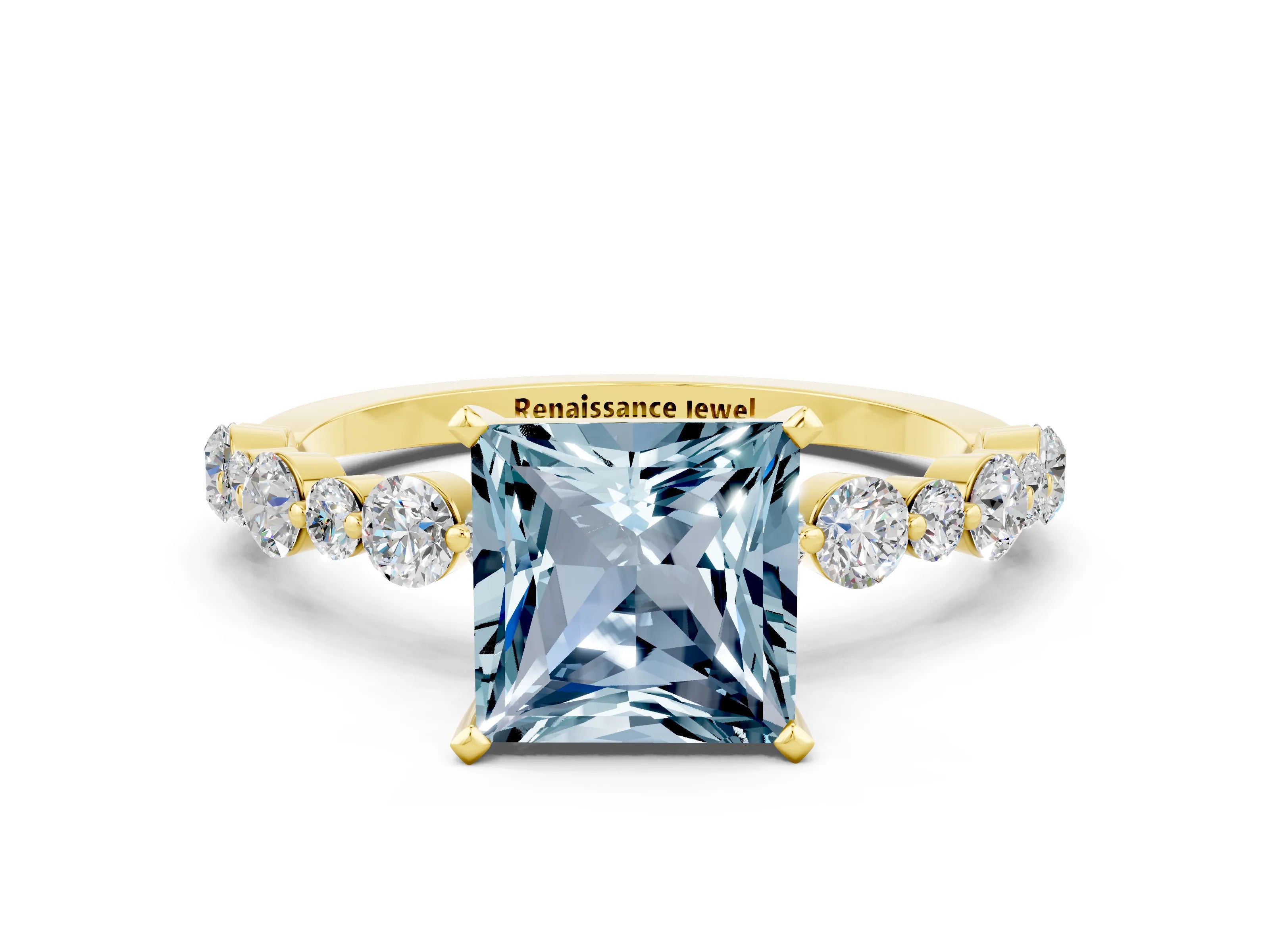 Yellow gold Princess Cut Aquamarine Prong Set Engagement Ring with Pavé Band