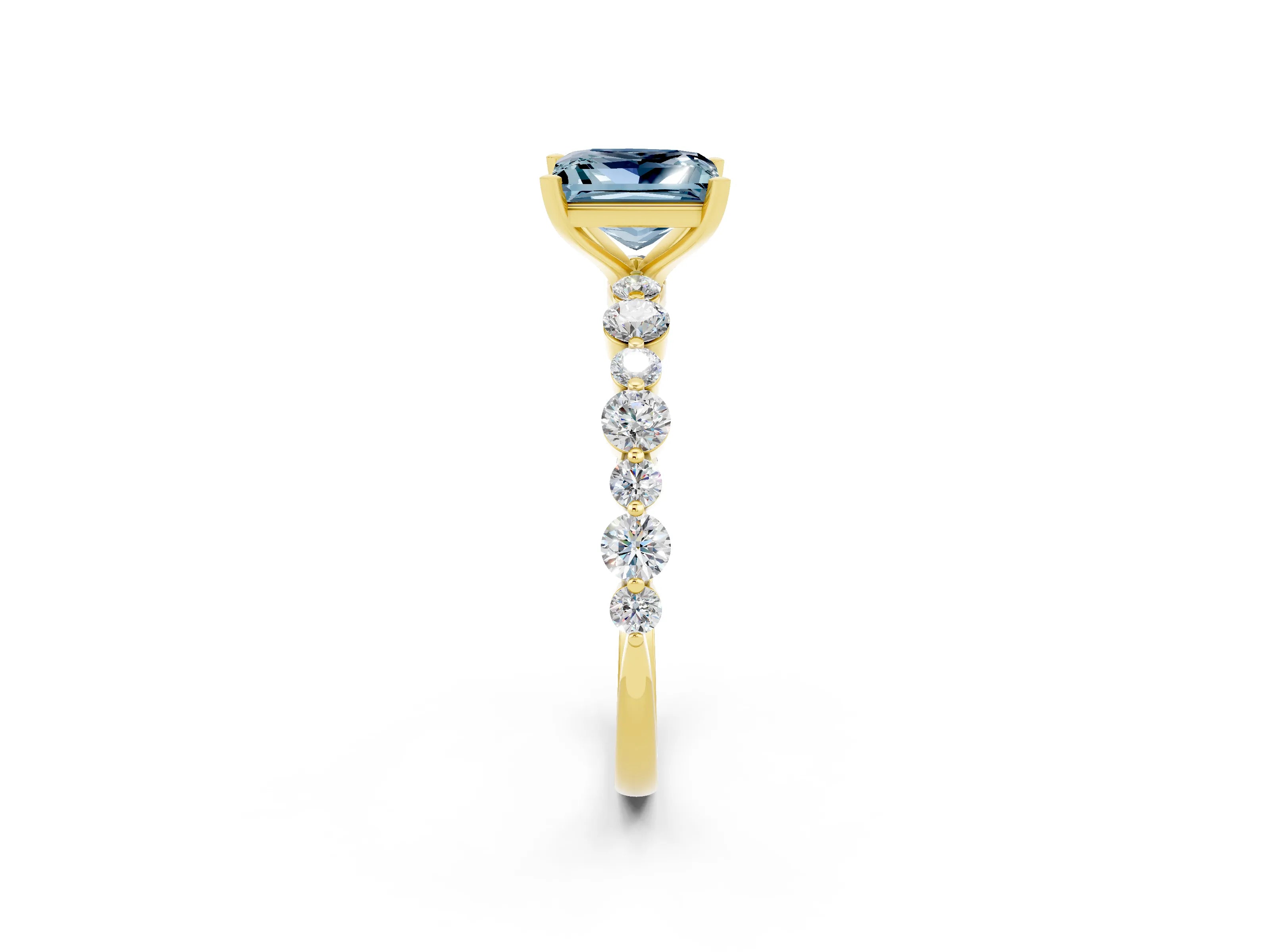 Yellow gold Princess Cut Aquamarine Prong Set Engagement Ring with Pavé Band_2