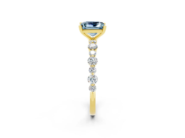 Yellow gold Princess Cut Aquamarine Prong Set Engagement Ring with Pavé Band