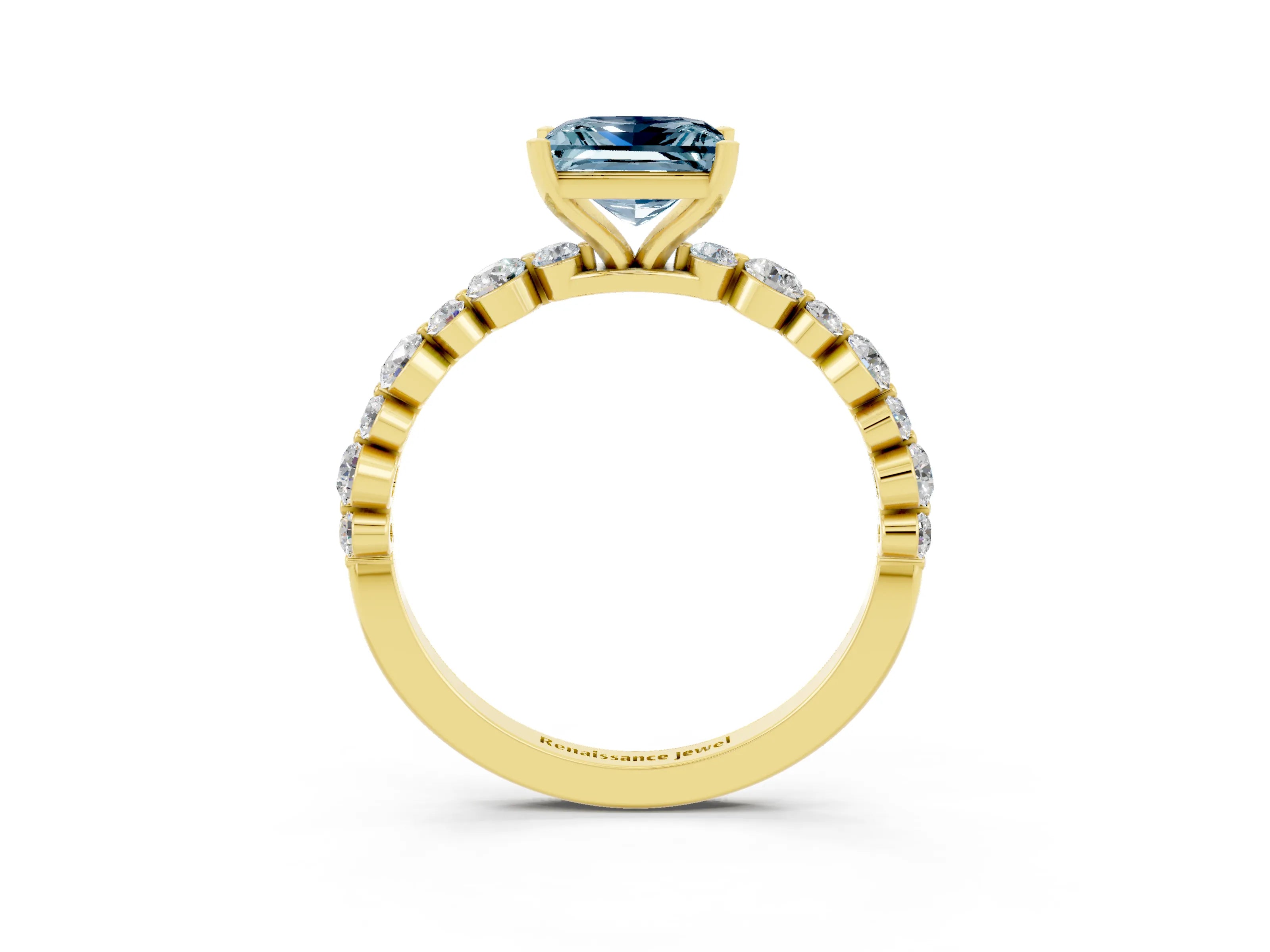 Yellow gold Princess Cut Aquamarine Prong Set Engagement Ring with Pavé Band_3