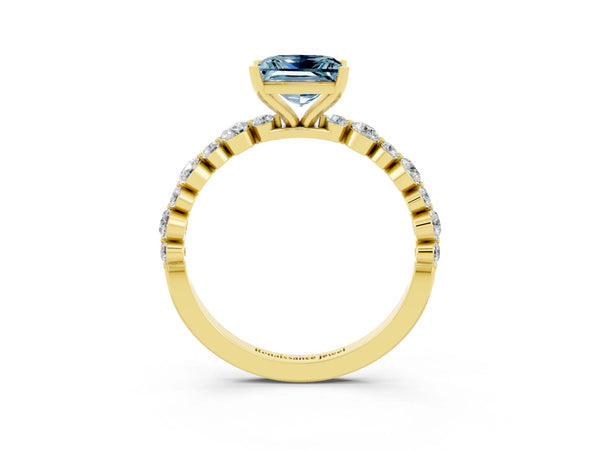 Yellow gold Princess Cut Aquamarine Prong Set Engagement Ring with Pavé Band