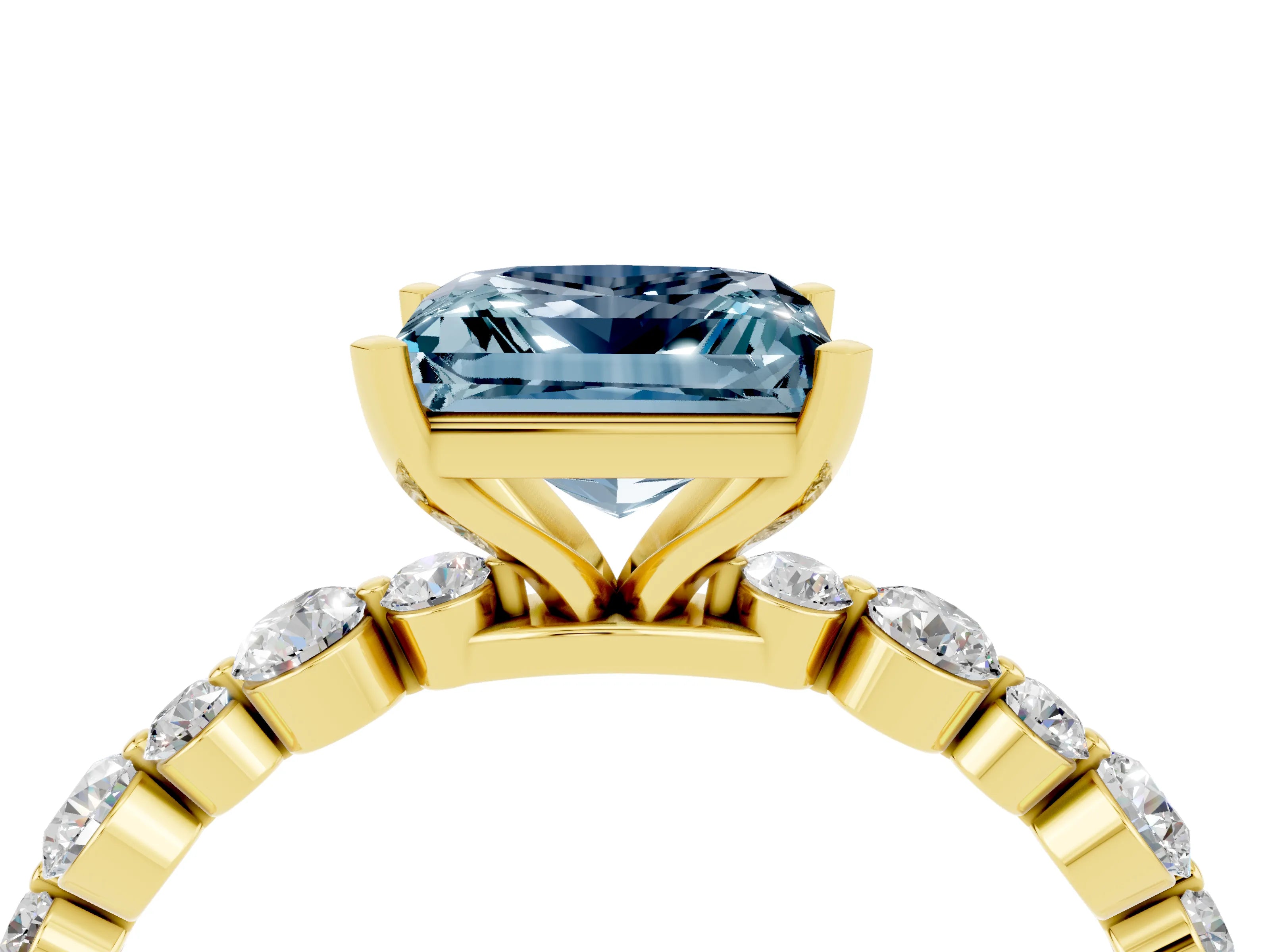 Yellow gold Princess Cut Aquamarine Prong Set Engagement Ring with Pavé Band_4