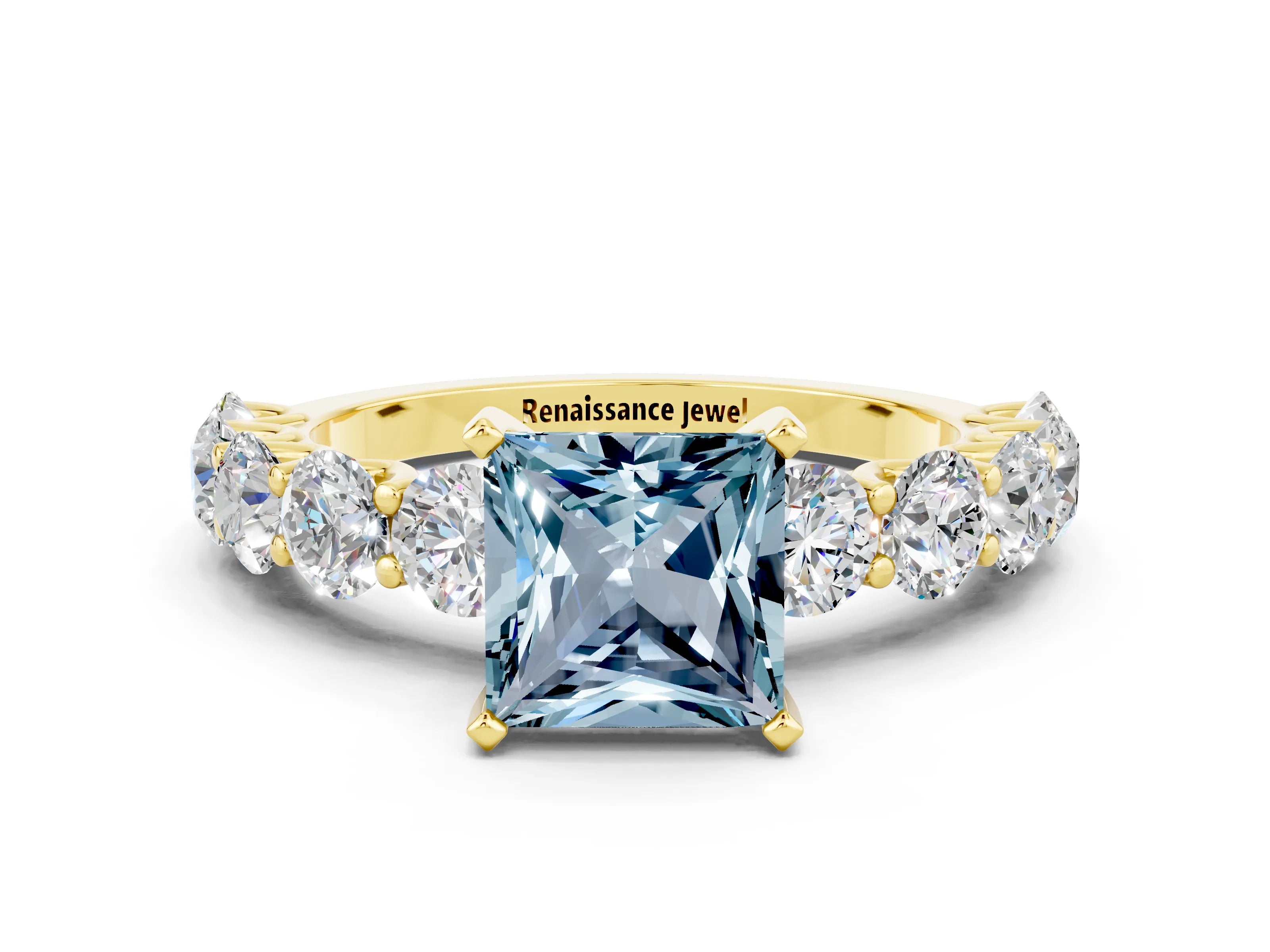 Yellow gold Princess Cut Aquamarine Prong Setting with Side Stones on a Pave Band