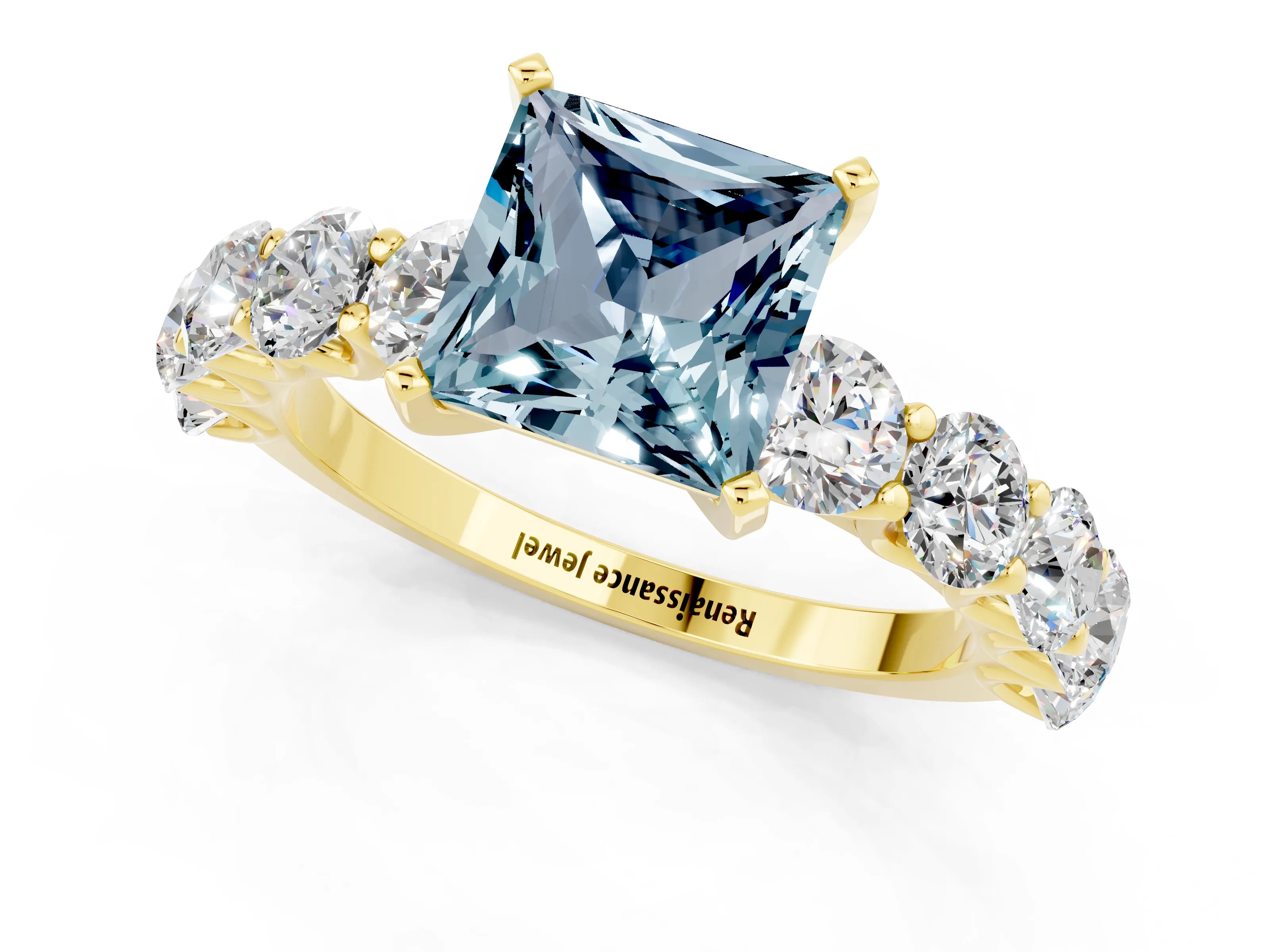 Yellow gold Princess Cut Aquamarine Prong Setting with Side Stones on a Pave Band_1