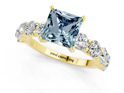 Yellow gold Princess Cut Aquamarine Prong Setting with Side Stones on a Pave Band_1