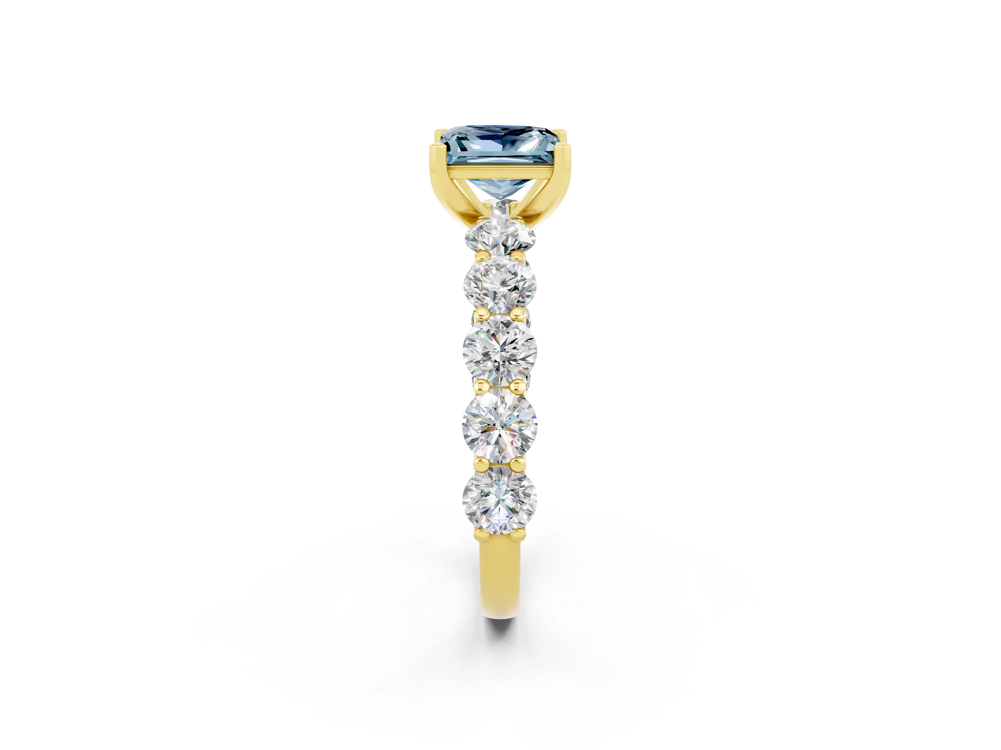 Yellow gold Princess Cut Aquamarine Prong Setting with Side Stones on a Pave Band_2