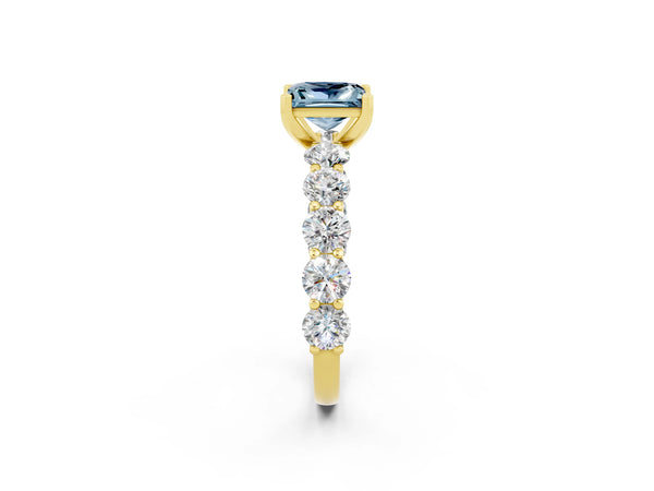 Yellow gold Princess Cut Aquamarine Prong Setting with Side Stones on a Pave Band