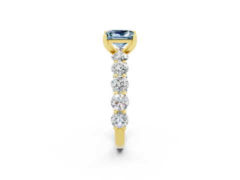 Yellow gold Princess Cut Aquamarine Prong Setting with Side Stones on a Pave Band_2