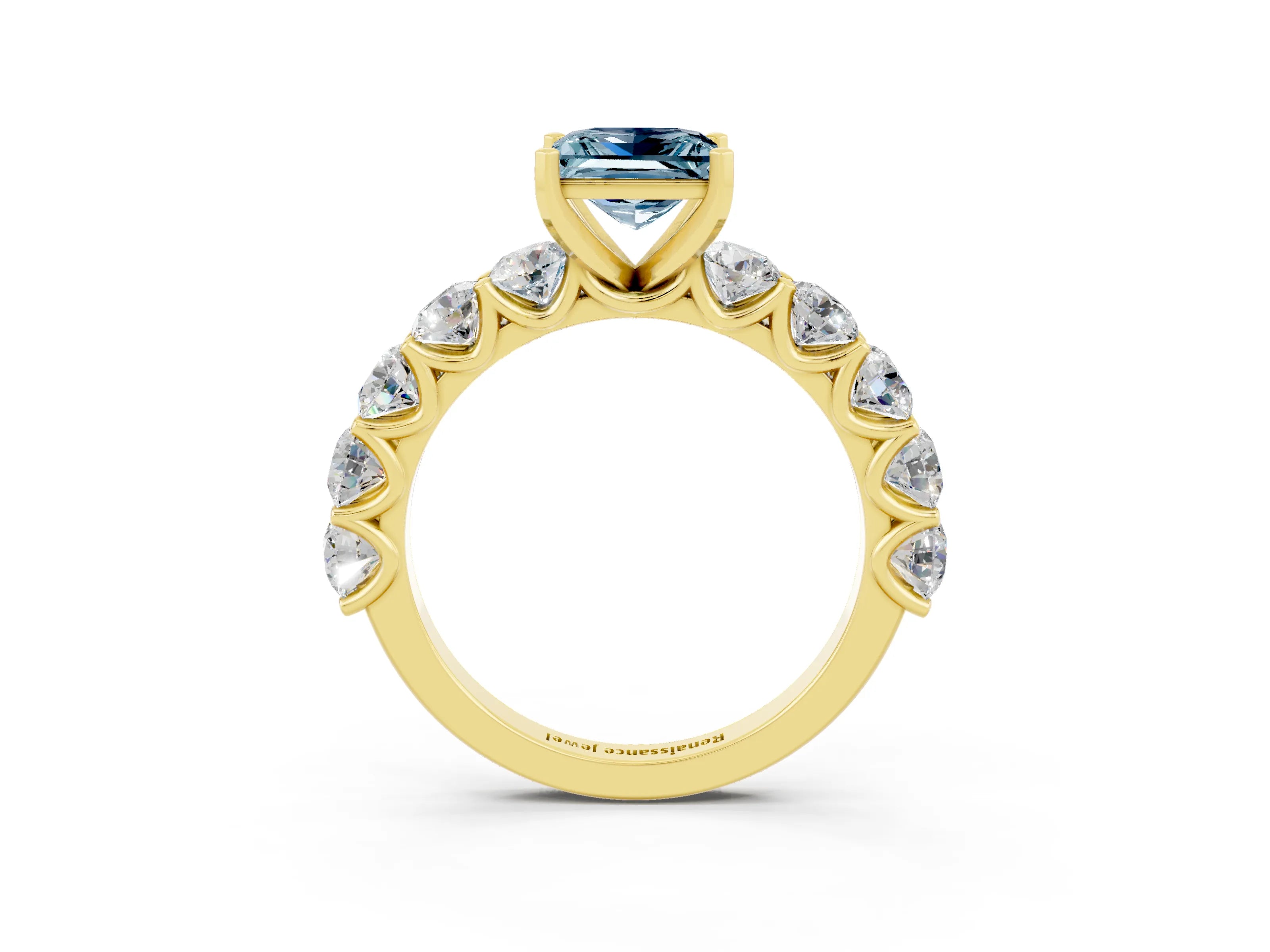 Yellow gold Princess Cut Aquamarine Prong Setting with Side Stones on a Pave Band_3