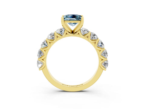 Yellow gold Princess Cut Aquamarine Prong Setting with Side Stones on a Pave Band_3