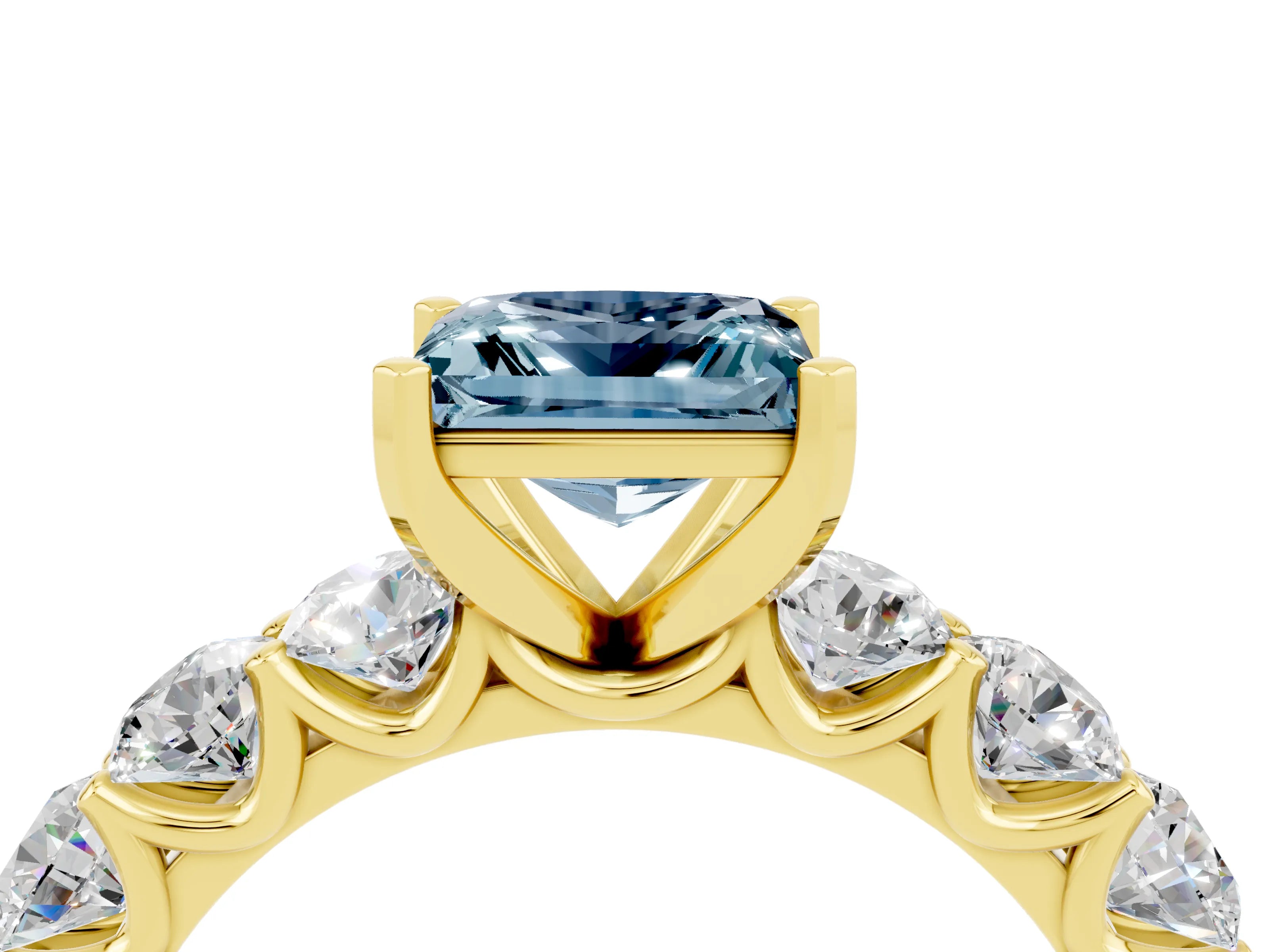 Yellow gold Princess Cut Aquamarine Prong Setting with Side Stones on a Pave Band_4