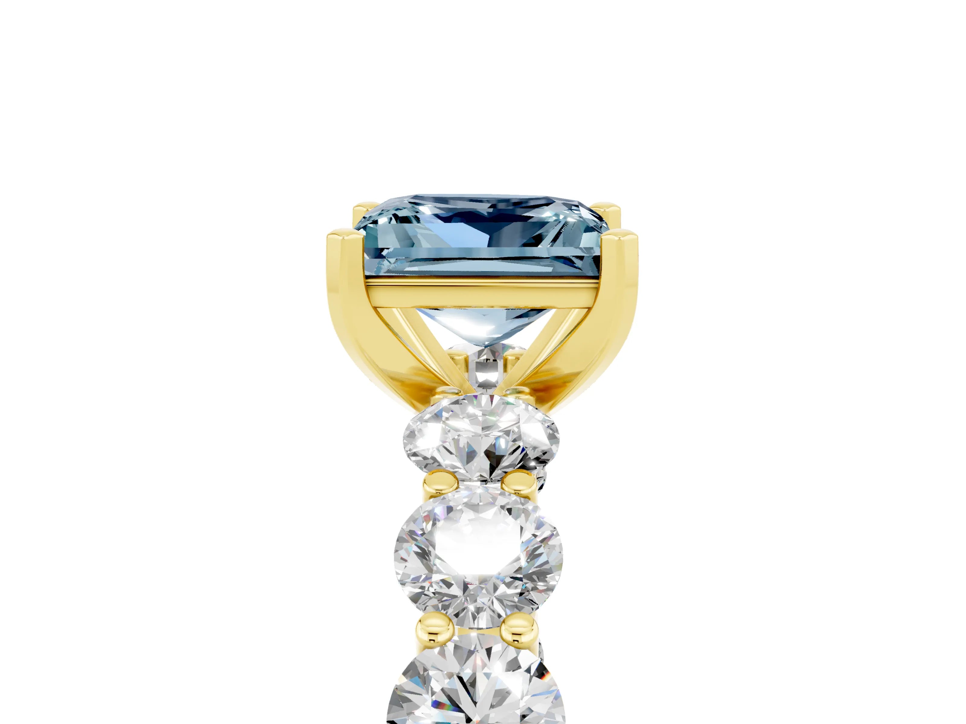 Yellow gold Princess Cut Aquamarine Prong Setting with Side Stones on a Pave Band_5
