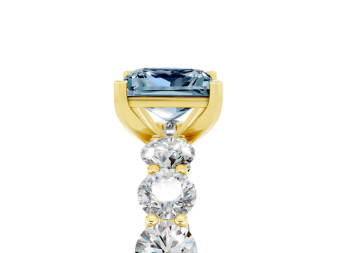 Yellow gold Princess Cut Aquamarine Prong Setting with Side Stones on a Pave Band_5