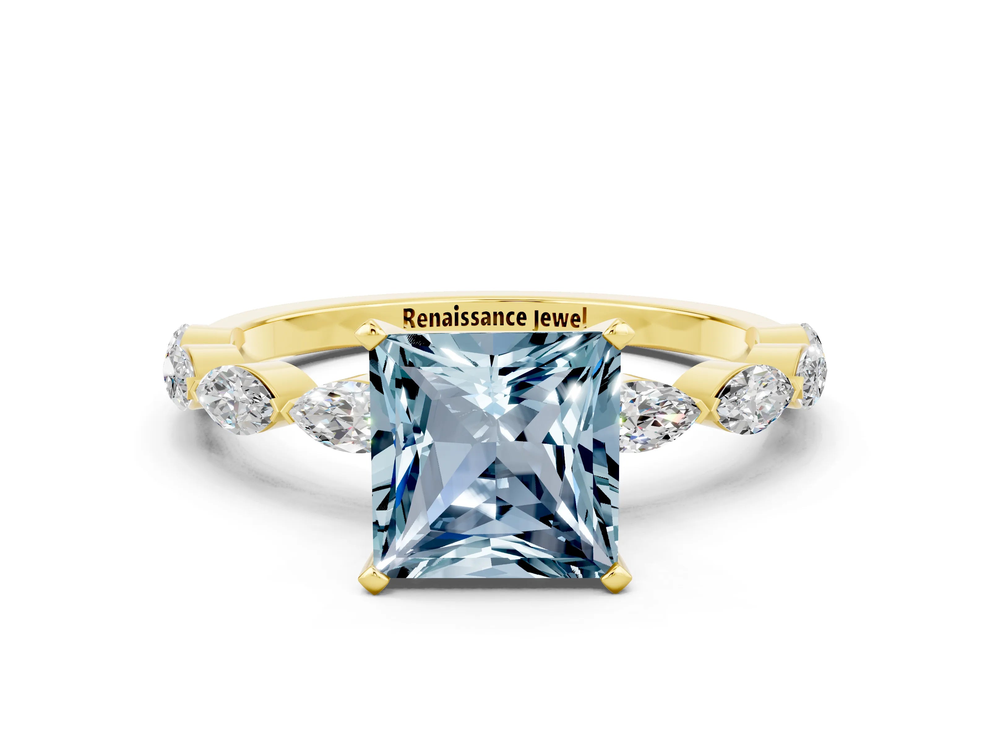 Yellow gold Princess Cut Aquamarine Ring with Marquise Side Stones and Prong Setting