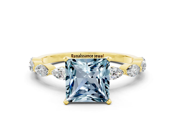 Yellow gold Princess Cut Aquamarine Ring with Marquise Side Stones and Prong Setting