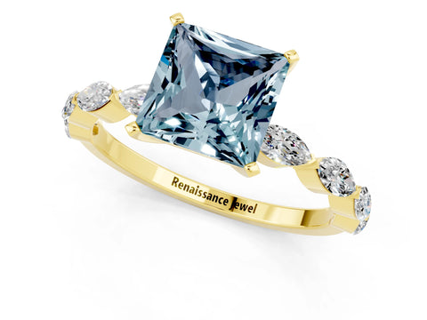 Yellow gold Princess Cut Aquamarine Ring with Marquise Side Stones and Prong Setting_1
