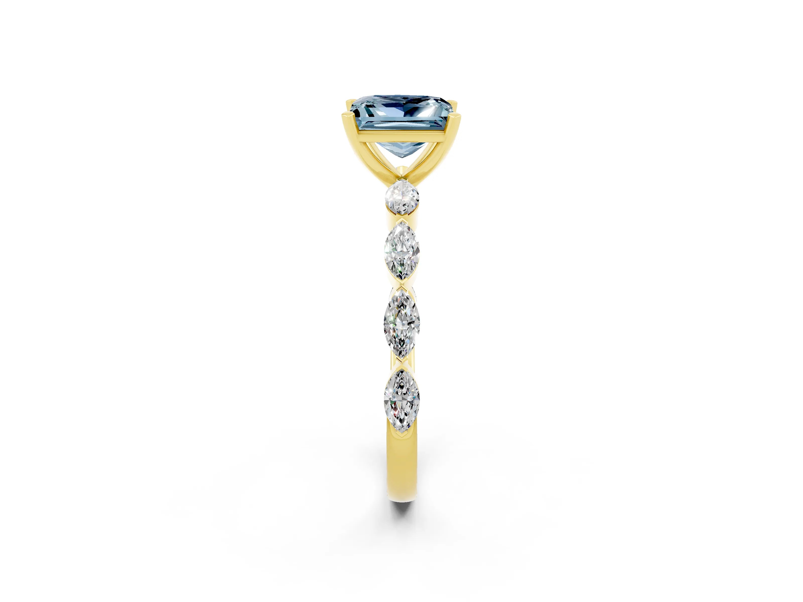 Yellow gold Princess Cut Aquamarine Ring with Marquise Side Stones and Prong Setting_2
