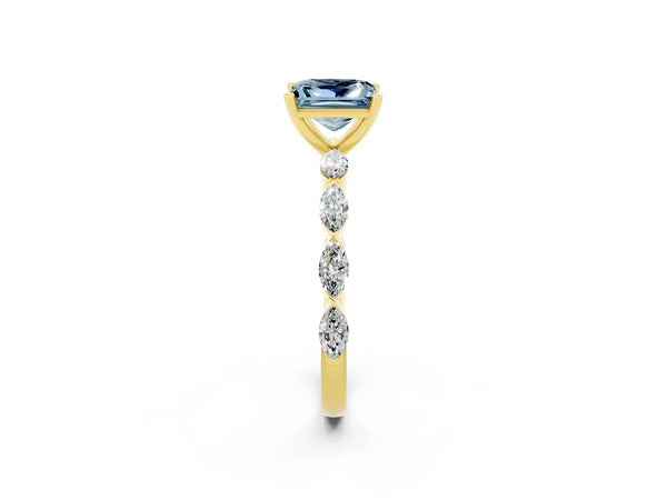 Yellow gold Princess Cut Aquamarine Ring with Marquise Side Stones and Prong Setting