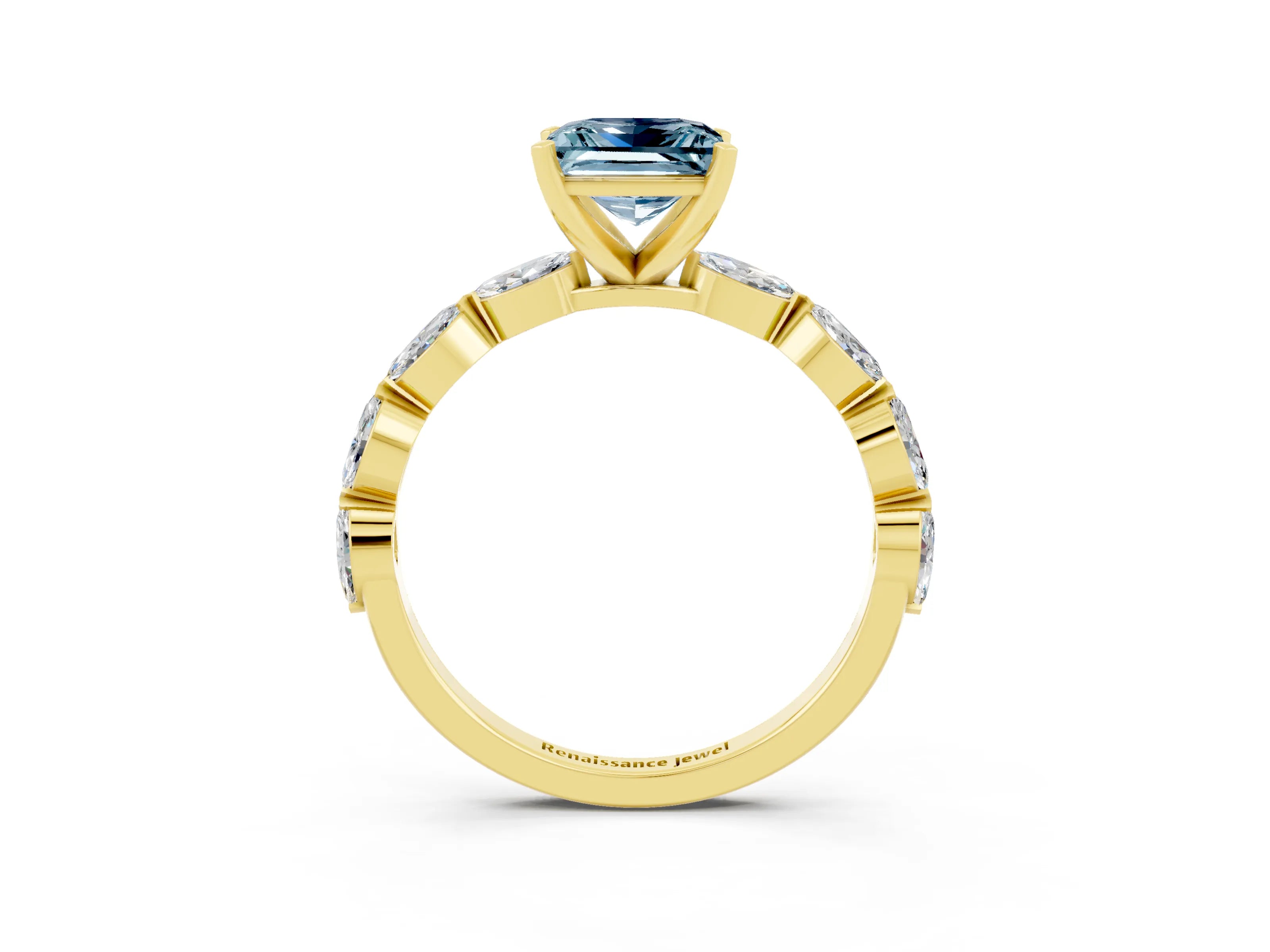 Yellow gold Princess Cut Aquamarine Ring with Marquise Side Stones and Prong Setting_3