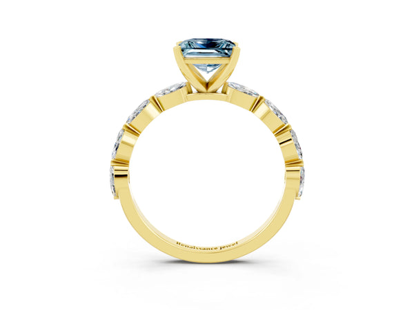 Yellow gold Princess Cut Aquamarine Ring with Marquise Side Stones and Prong Setting