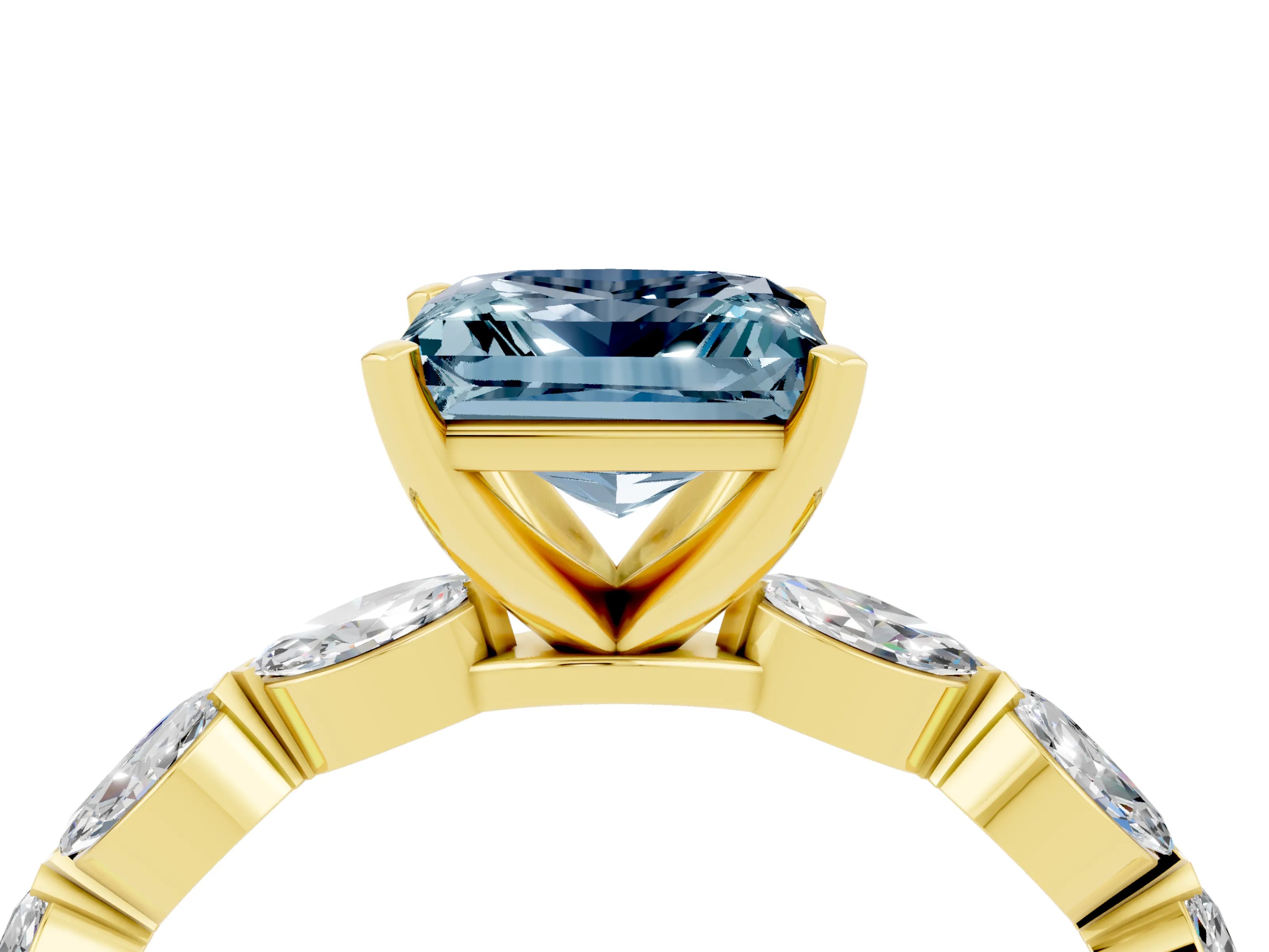 Yellow gold Princess Cut Aquamarine Ring with Marquise Side Stones and Prong Setting_4