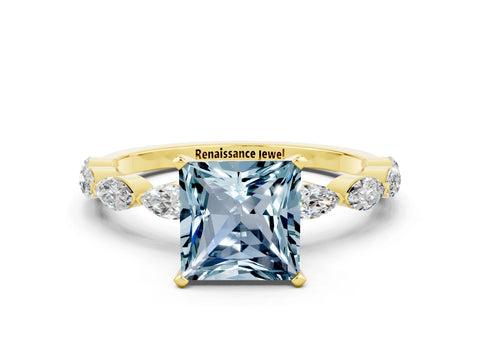 Yellow gold Princess Cut Aquamarine Ring with Marquise Side Stones and Prong Setting