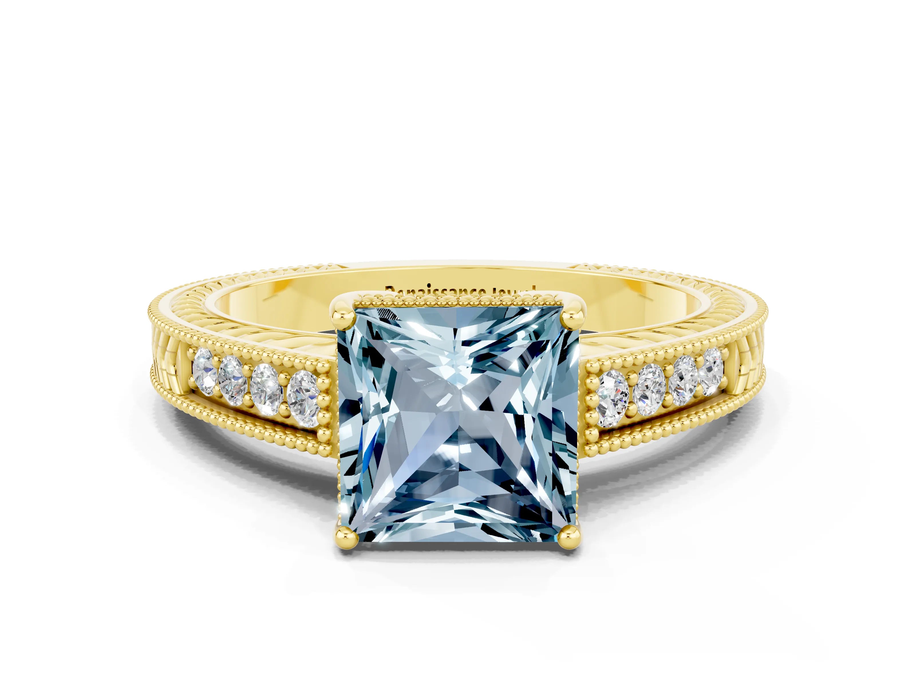 Yellow gold Princess Cut Aquamarine Ring with Milgrain Pavé Band and Four-Prong Setting_12