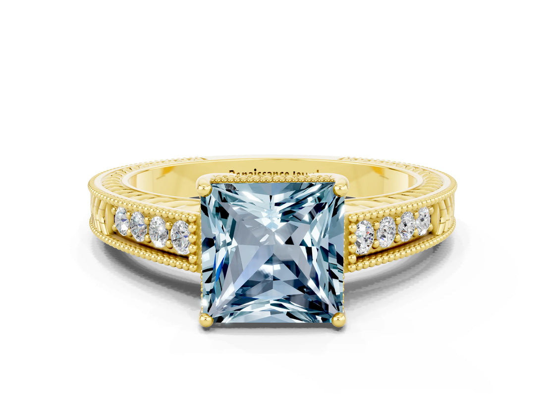 Yellow gold Princess Cut Aquamarine Ring with Milgrain Pavé Band and Four-Prong Setting_12