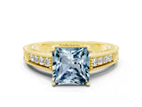 Yellow gold Princess Cut Aquamarine Ring with Milgrain Pavé Band and Four-Prong Setting_12