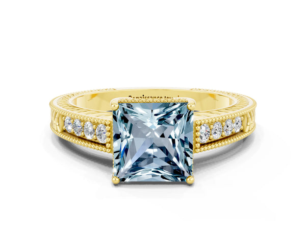 Yellow gold Princess Cut Aquamarine Ring with Milgrain Pavé Band and Four-Prong Setting