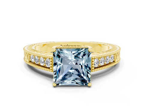 Yellow gold Princess Cut Aquamarine Ring with Milgrain Pavé Band and Four-Prong Setting_12