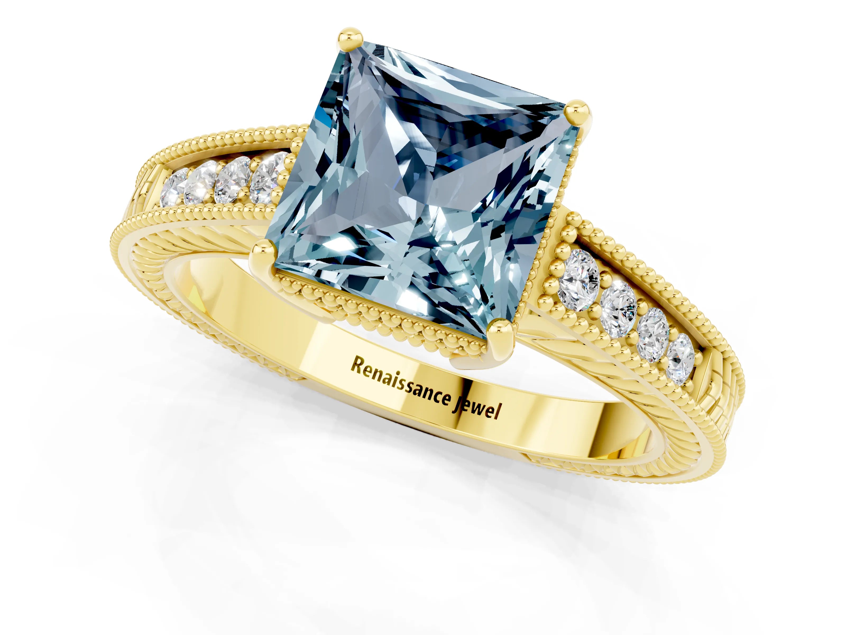 Yellow gold Princess Cut Aquamarine Ring with Milgrain Pavé Band and Four-Prong Setting_13