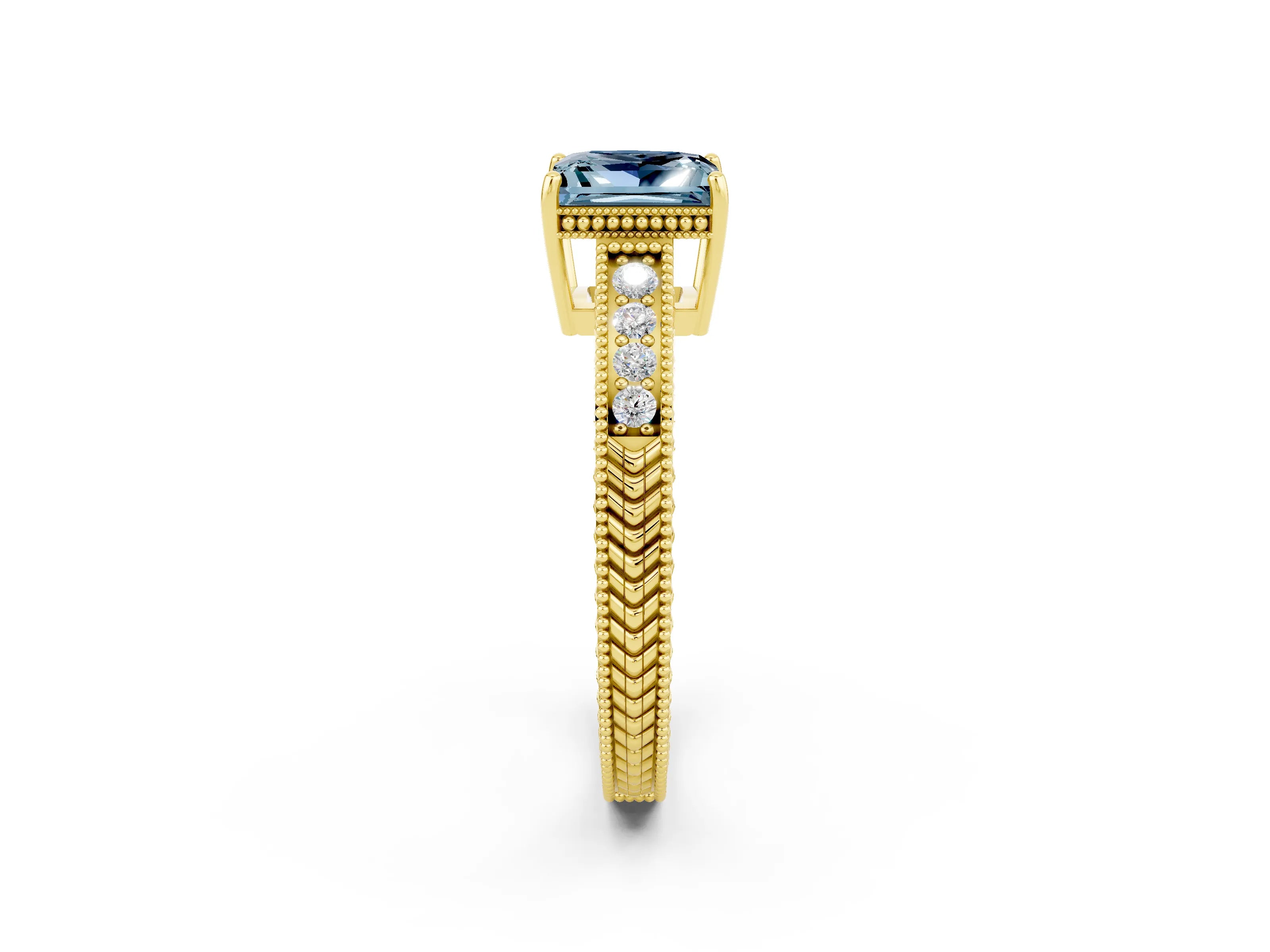 Yellow gold Princess Cut Aquamarine Ring with Milgrain Pavé Band and Four-Prong Setting_14