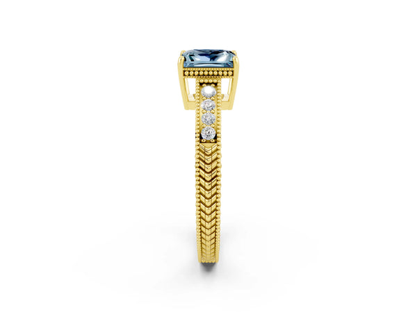 Yellow gold Princess Cut Aquamarine Ring with Milgrain Pavé Band and Four-Prong Setting