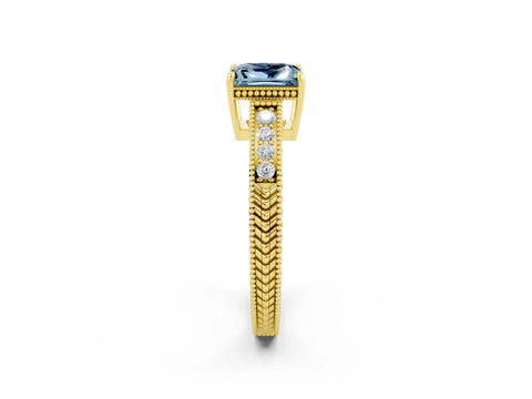 Yellow gold Princess Cut Aquamarine Ring with Milgrain Pavé Band and Four-Prong Setting_14