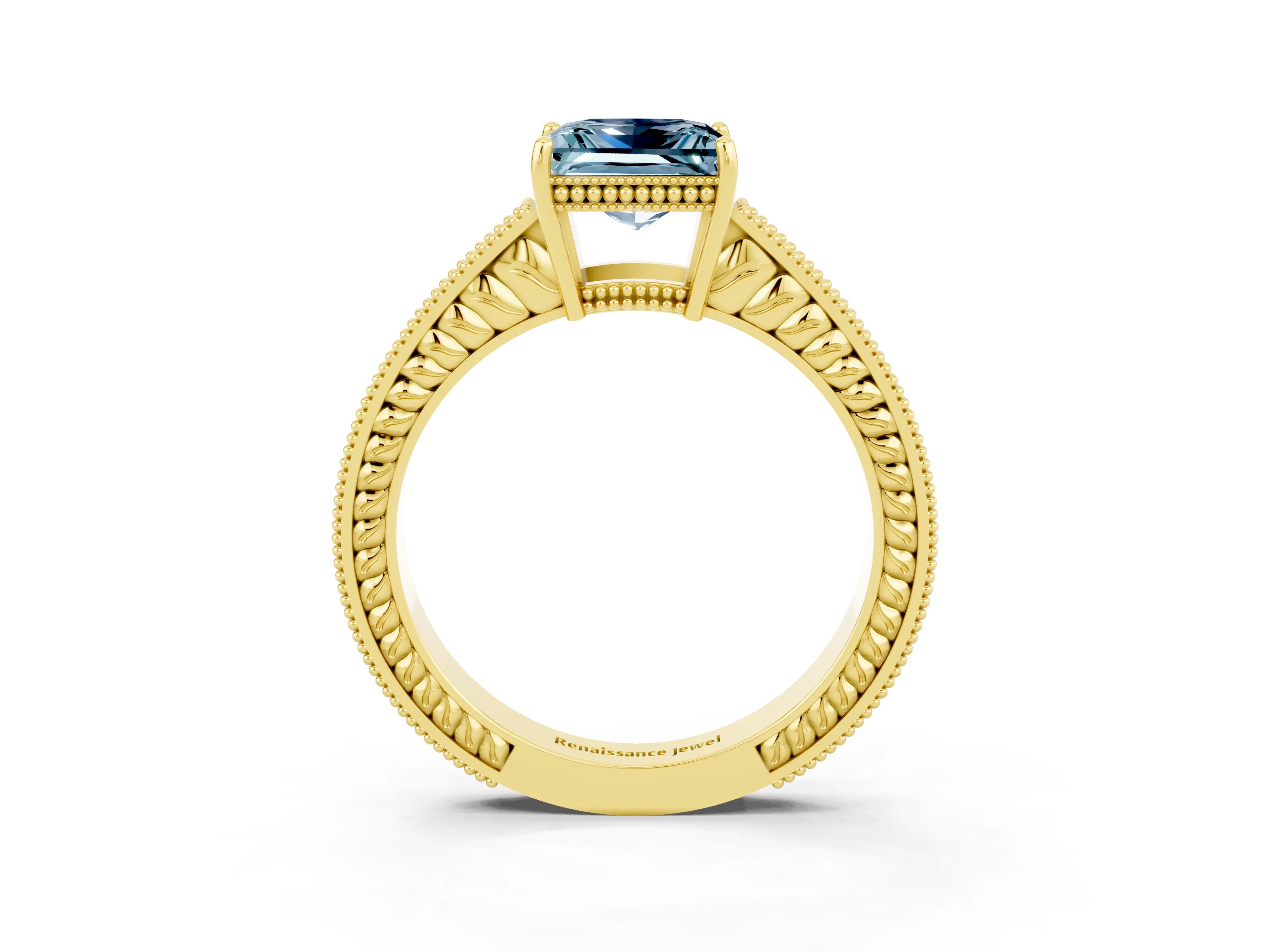 Yellow gold Princess Cut Aquamarine Ring with Milgrain Pavé Band and Four-Prong Setting_15