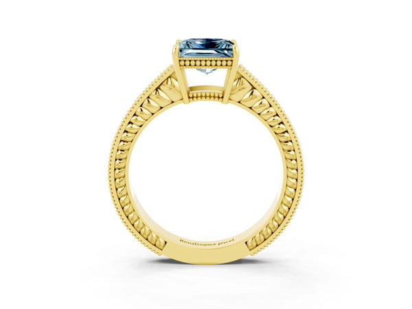 Yellow gold Princess Cut Aquamarine Ring with Milgrain Pavé Band and Four-Prong Setting