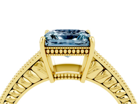 Yellow gold Princess Cut Aquamarine Ring with Milgrain Pavé Band and Four-Prong Setting_16