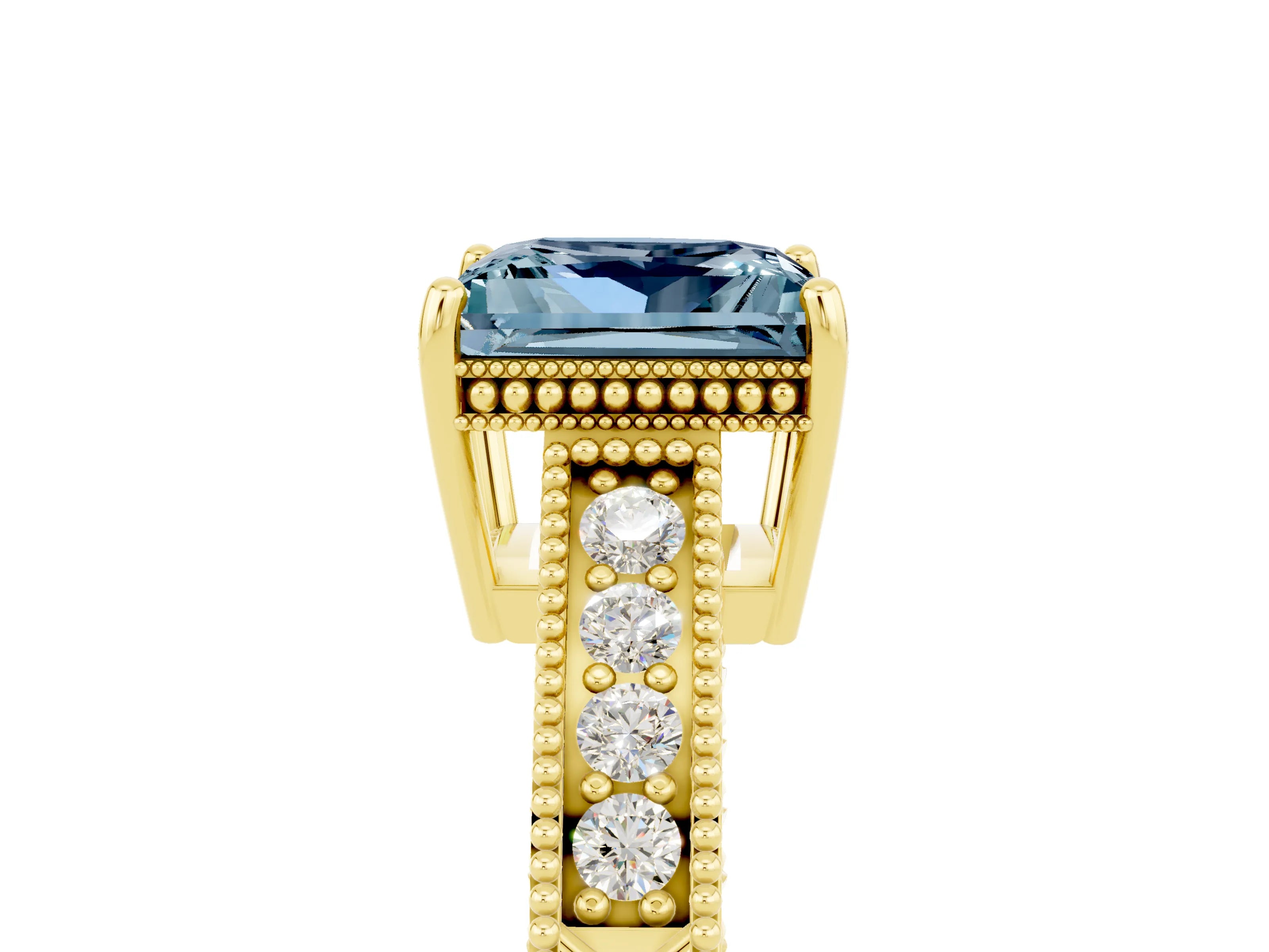 Yellow gold Princess Cut Aquamarine Ring with Milgrain Pavé Band and Four-Prong Setting_17