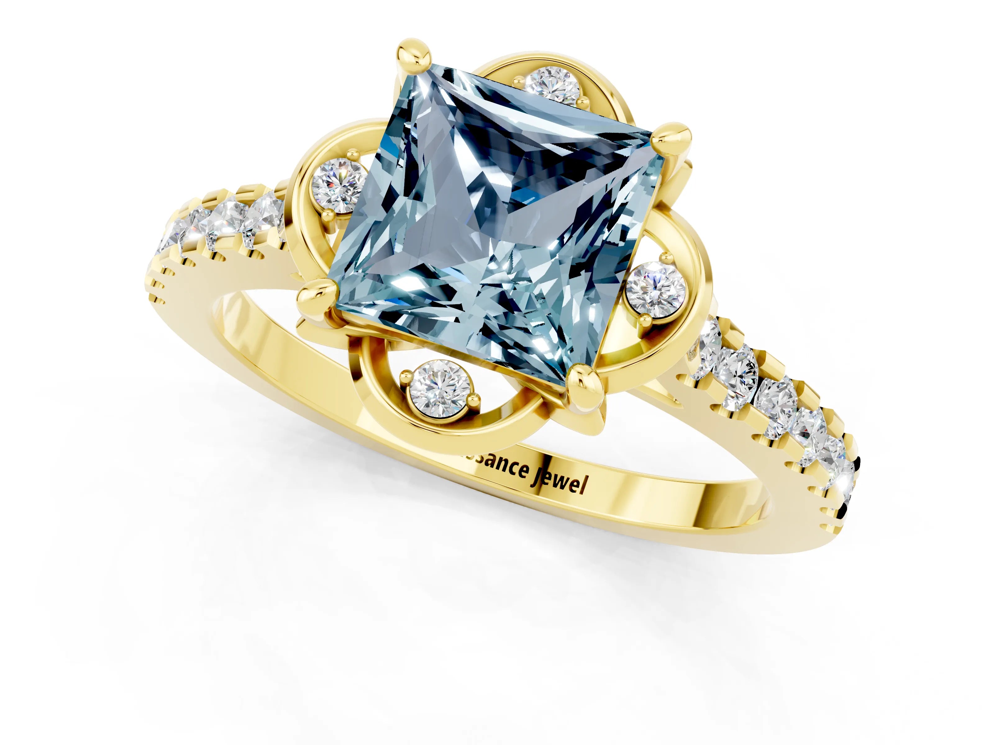 Yellow gold Princess Cut Aquamarine Ring with Pavé Band and Floral Prong Setting_1