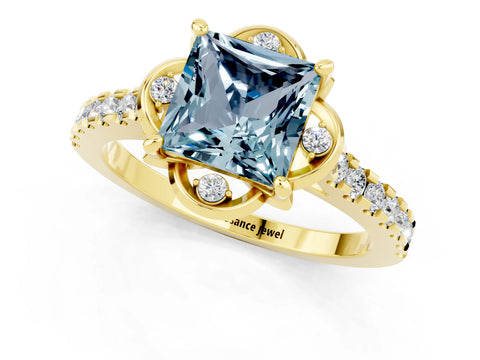 Yellow gold Princess Cut Aquamarine Ring with Pavé Band and Floral Prong Setting_1