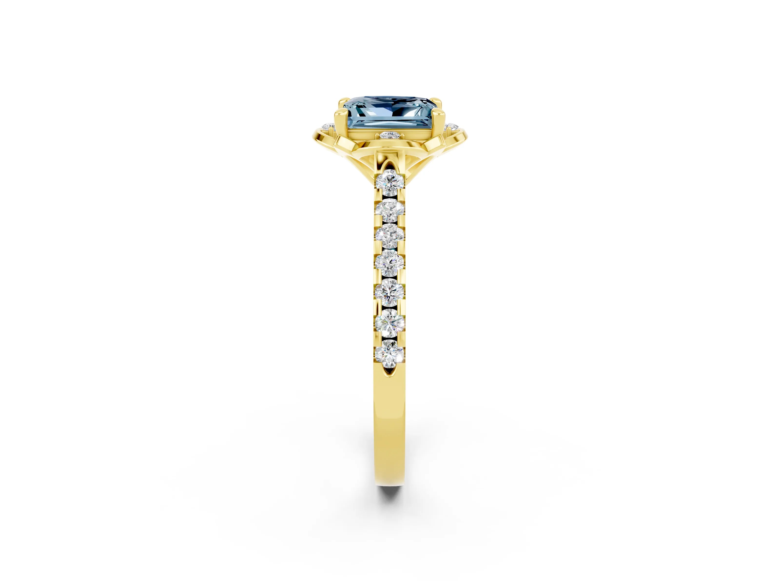 Yellow gold Princess Cut Aquamarine Ring with Pavé Band and Floral Prong Setting_2