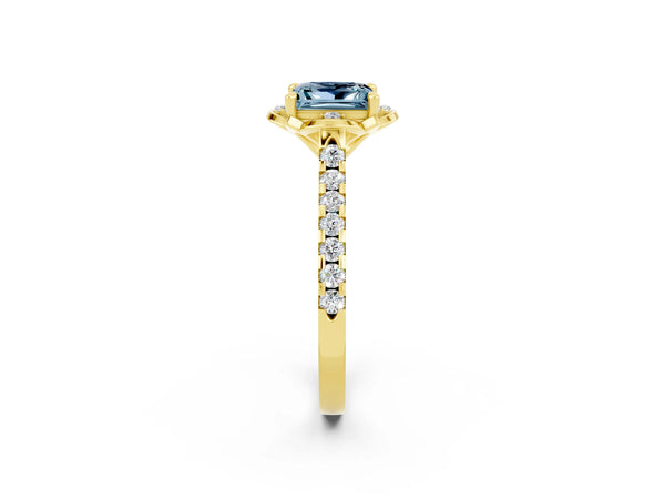 Yellow gold Princess Cut Aquamarine Ring with Pavé Band and Floral Prong Setting