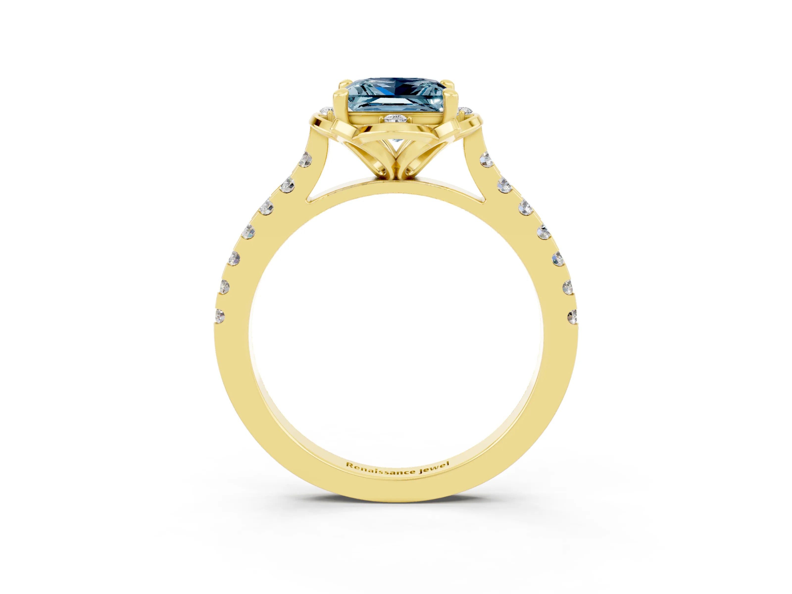 Yellow gold Princess Cut Aquamarine Ring with Pavé Band and Floral Prong Setting_3